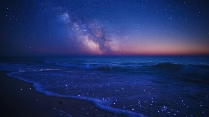 Milky Way galaxy over tranquil ocean waves at night.