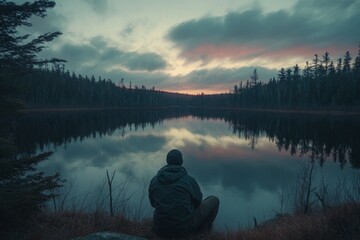 A serene lake reflecting the colorful sky at sunset, surrounded by a dense pine forest and distant mountains. The water is calm, with reflections of clouds and trees creating an idyllic scene that cap