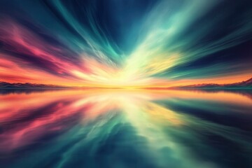 A serene lake reflecting the colorful sky at sunset, surrounded by a dense pine forest and distant mountains. The water is calm, with reflections of clouds and trees creating an idyllic scene that cap