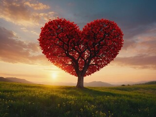 Valentine's Day Heart Shaped Tree with Red Leaves at Sunset as Background