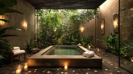 Luxurious hotel spa with serene lighting, private massage rooms, and a tranquil atmosphere surrounded by lush greenery