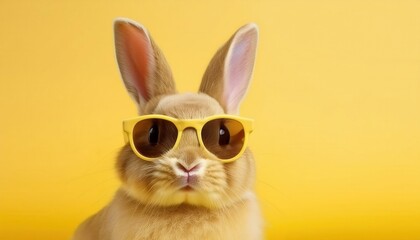 Obraz premium Adorable Bunny Wearing Yellow Sunglasses on Bright Yellow Background. Perfect Easter Theme for Cards, Social Media Posts, Spring Promotions, or Happy Vibes Concept with a Cute and Stylish Twist