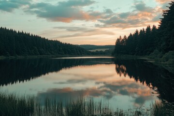 A serene lake reflecting the colorful sky at sunset, surrounded by a dense pine forest and distant mountains. The water is calm, with reflections of clouds and trees creating an idyllic scene that cap