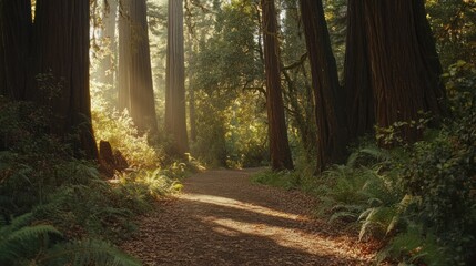 Sunlit path winding through a redwood forest. (1)