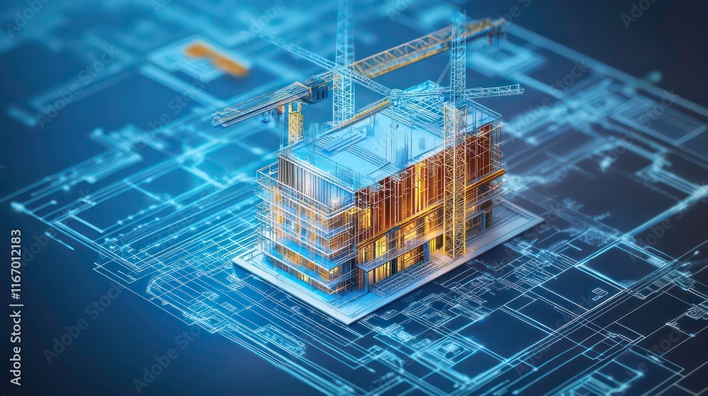 Wall mural digital construction building information modeling bim concept with 3d model and blueprints vector i