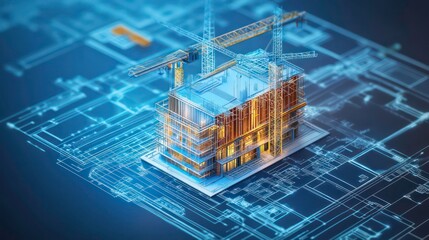 digital construction building information modeling bim concept with 3d model and blueprints vector illustration