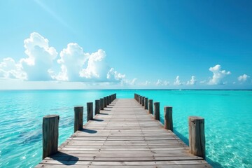 Fototapeta premium Rustic gray wooden pier extends over tranquil blue sea under bright sky , summertime, sun, outdoor