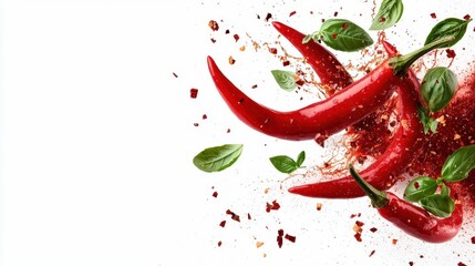Red chili peppers, basil leaves and chili flakes splash on white background.