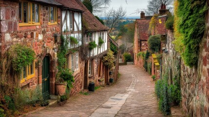 Fototapeta premium Charming stone houses line a quaint, cobblestone lane in a picturesque village, showcasing traditional architecture and lush greenery.