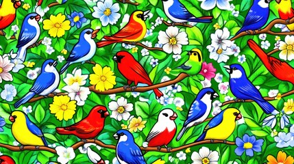 Obraz premium Colorful birds and flowers seamless pattern.