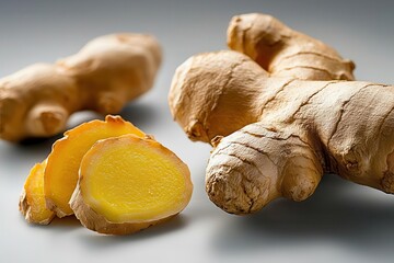 Fresh ginger root with sliced pieces.