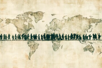Obraz premium Global migration; silhouettes traverse antique world map.