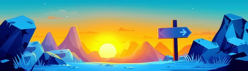 Colorful Sunset Landscape with Mountains and Direction Sign in a Vibrant Sky, Ideal for Travel and Adventure Themes in Creative Projects
