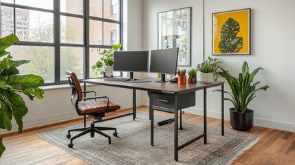 Fototapeta premium Modern home office with dual monitors, leather chair, plants, and large windows.