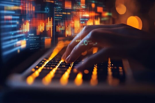 Futuristic laptop scene with holographic data overlays showcasing data analysis and innovation - Powered by Adobe