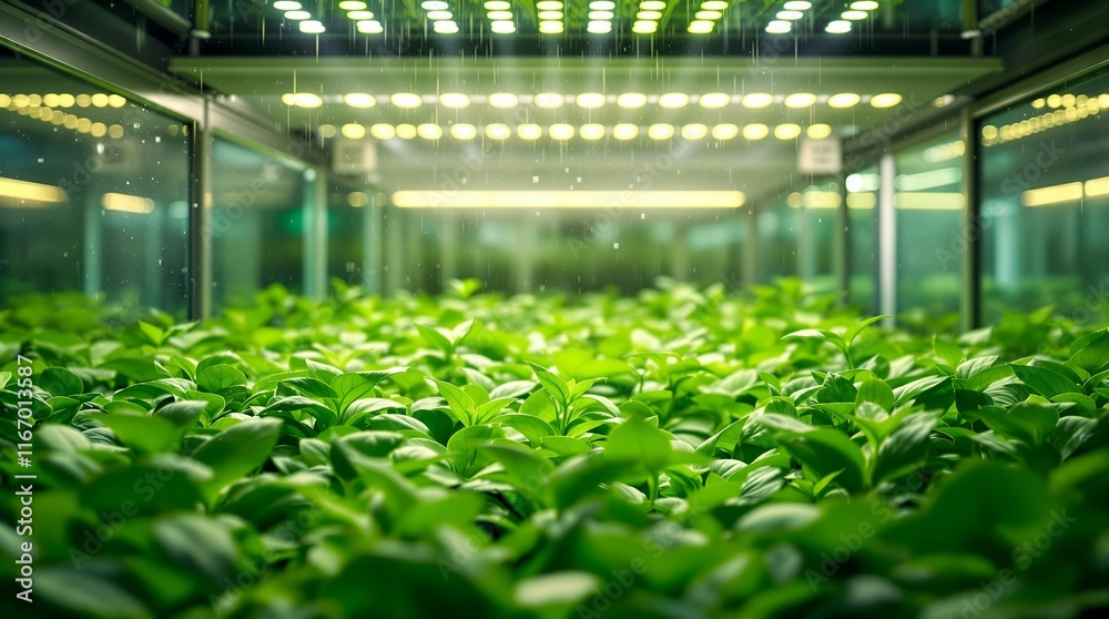 Poster vertical farm with rows of green plants growing in a hydroponic system, illuminated by artificial li