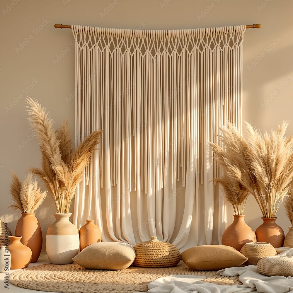 Poster bohemian-style setting with a beige macramé curtain, dried pampas grass in vases, and a collection o