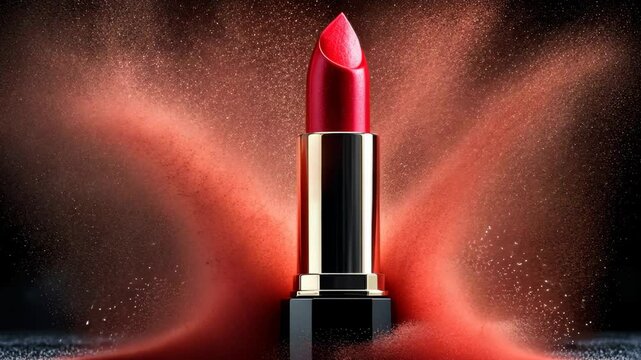 Red lipstick is on a table with a lot of red powder. The powder is falling on the lipstick, creating a dramatic effect. Concept of glamour and sophistication