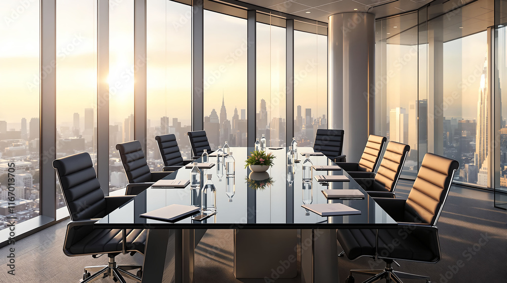 Poster modern conference room with a large window providing a cityscape view. the room is furnished with a 