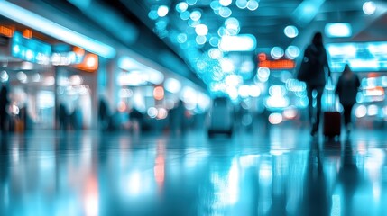 Blurred travelers with luggage in a bright airport terminal.