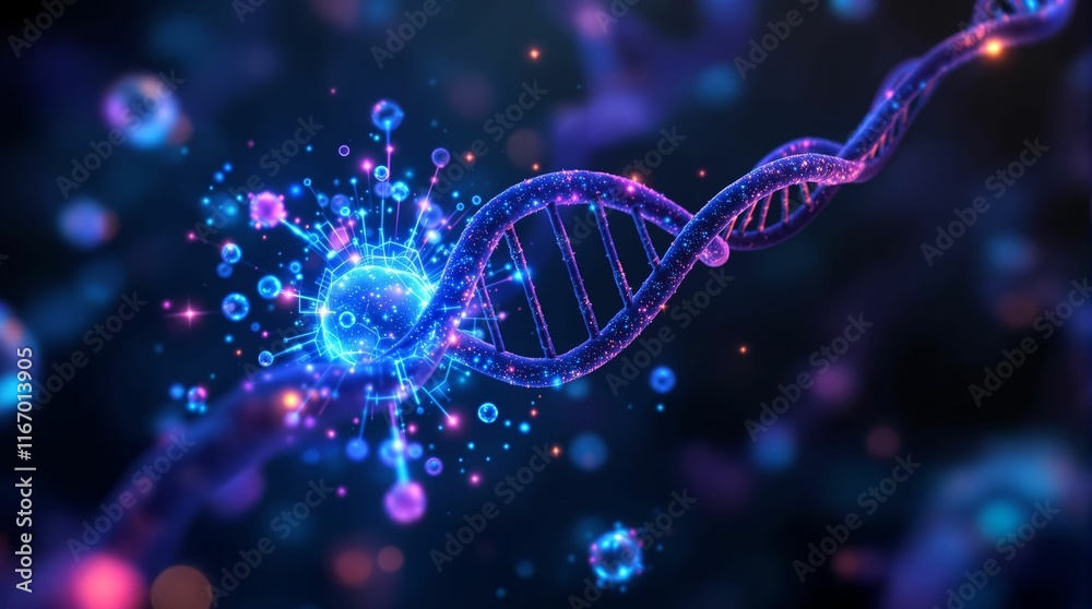 Poster glowing, futuristic representation of a dna molecule with a blue and purple color scheme against a b