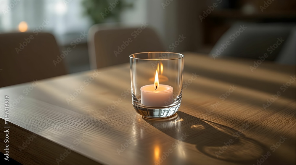 Aufkleber the image shows a dimly lit room with a wooden table. on the table, there is a lit candle inside a c