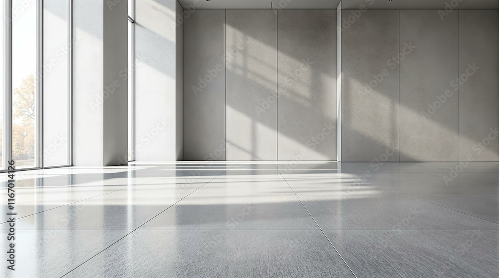 Poster modern, empty room with large windows allowing natural light to flood in. the floor is made of polis