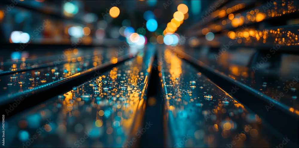 Poster close-up of a wet surface, possibly a bench, with raindrops visible on it. The background has a blurred effect with colorful lights, creating a bokeh effect.