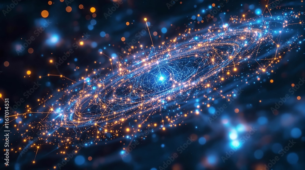 Poster dynamic space scene with a galaxy in the center, surrounded by colorful nebulae and stars. The galaxy appears to be emitting a bright, celestial light, creating a vivid and cosmic atmosphere.