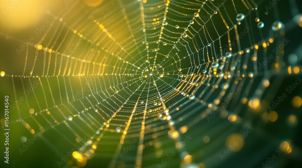 Poster close-up of a spider web with dew drops hanging from it, backlit by a warm, golden light that creates a glowing effect. The background is blurred, emphasizing the intricate details of the web and the 