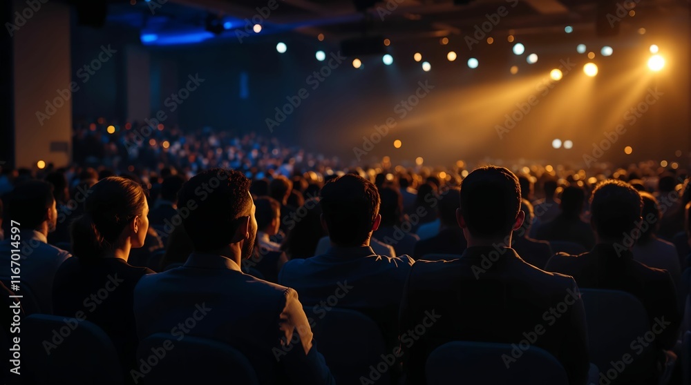 Poster large audience seated in a dimly lit auditorium, with stage lights shining brightly in the backgroun