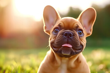 Fototapeta premium Happy beige French Bulldog sitting in a vibrant summer park. Copy space.