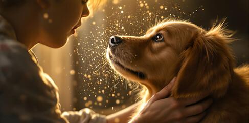 golden retriever with its mouth open, seemingly panting or being held, with a person's hands visible on its sides. The background is a golden, glowing light, creating a warm and affectionate atmospher