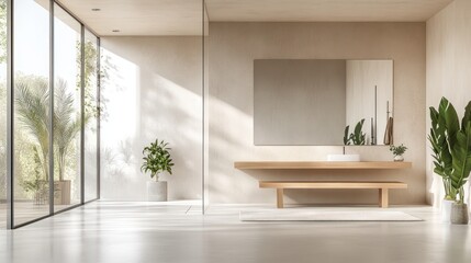 Fototapeta premium Minimalist bathroom with wooden vanity, large mirror, and plants, sunlight streaming through large window.