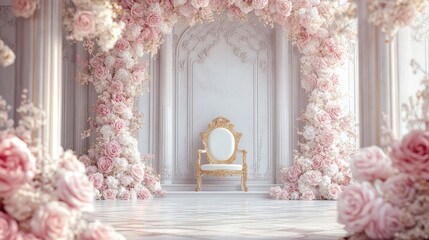 Luxury Palace Interior decorated with pink roses flowers. Palace Interior background