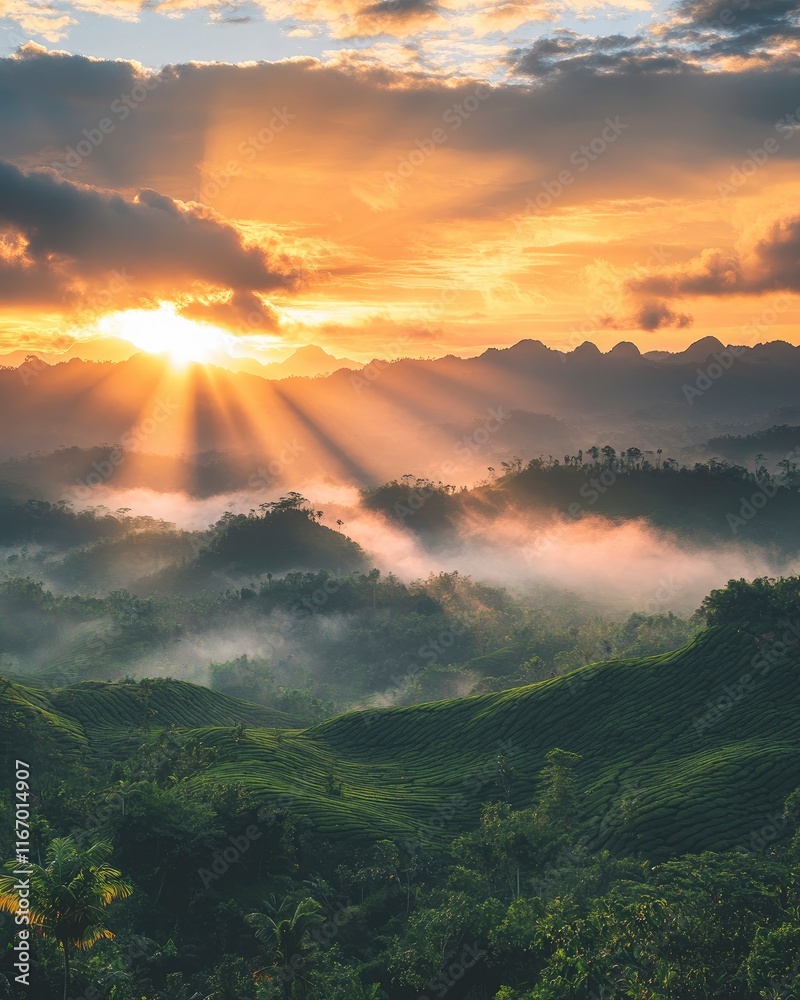 Wall mural A stunning sunrise over the misty mountains of the XÃ¡ biome, with vibrant colors and rays piercing through the clouds above the lush green tea plantations. The photo is taken from an elevated perspec