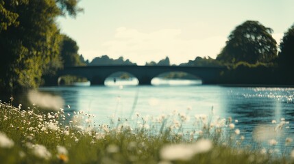 Obraz premium Serene river scene with wildflowers in foreground and stone bridge in background.