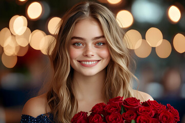 Fototapeta premium Charming young blonde woman holding a bouquet of red roses, dressed elegantly for a Valentine’s Day dinner.