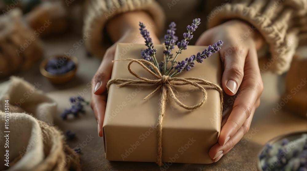 Poster person's hands holding a gift wrapped in brown paper with a lavender sprig tied to it with a twine b