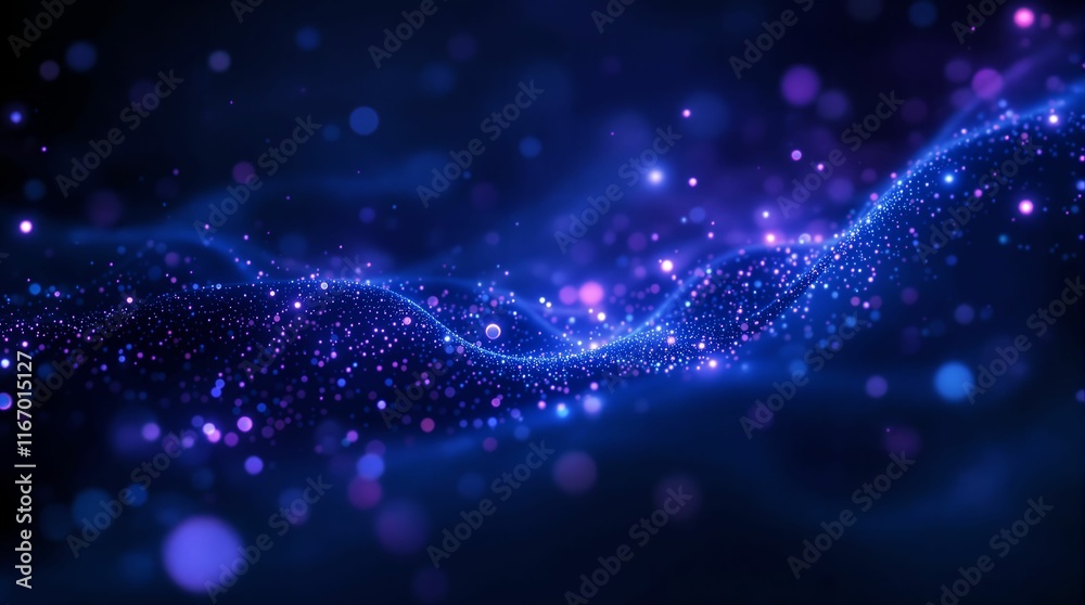 Poster mesmerizing scene of a dark night sky filled with stars and glowing particles, creating a magical and dreamy atmosphere. The stars are scattered across the sky, appearing to float through the darkness