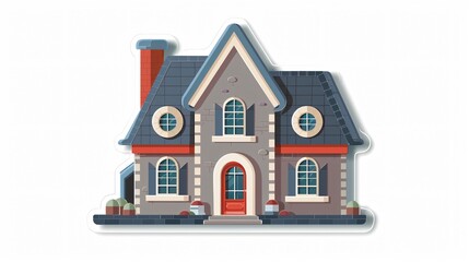 Modern Grey Building Icon with Stylish Gray House, Red Wall, and Blue Roof