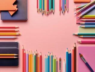 Fototapeta premium The image shows a variety of brightly colored pencils and notebooks arranged on a pink background.