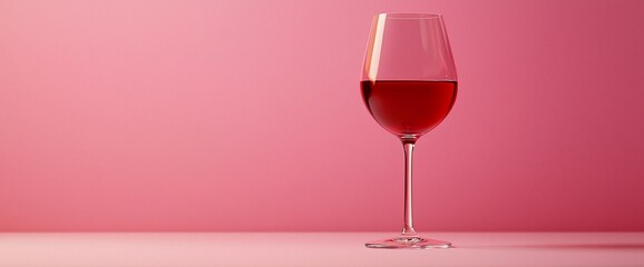 Glass of red wine on pink background.