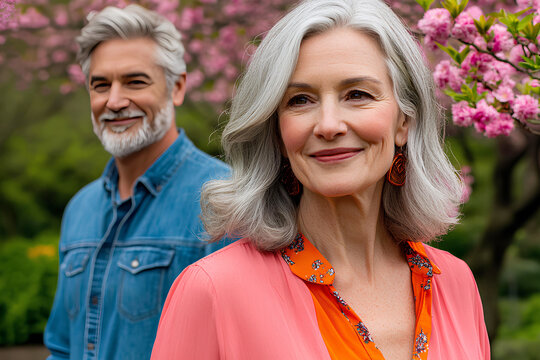 Senior woman and man with gray hair in casual clothing enjoying a sunny spring day in a park filled with blooming pink cherry blossoms.