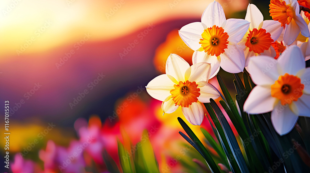 Wall mural enchanting white daffodils in the rays of the setting sun, perfect for a spring banner with copy spa