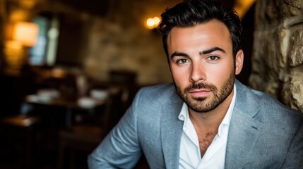 Obraz premium Handsome man in suit, leaning against stone wall in dimly lit restaurant.