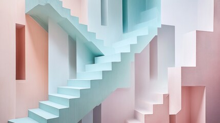 Abstract pastel-colored stairs in a surreal architectural space.