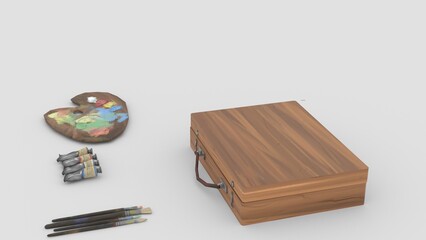paint and brush in wooden box