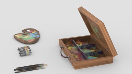 paint and brush in wooden box