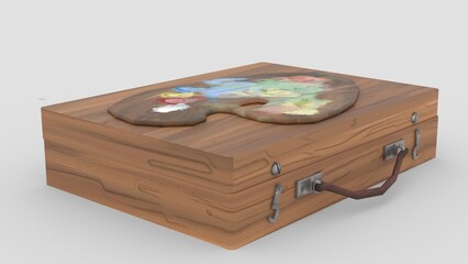 paint and brush in wooden box